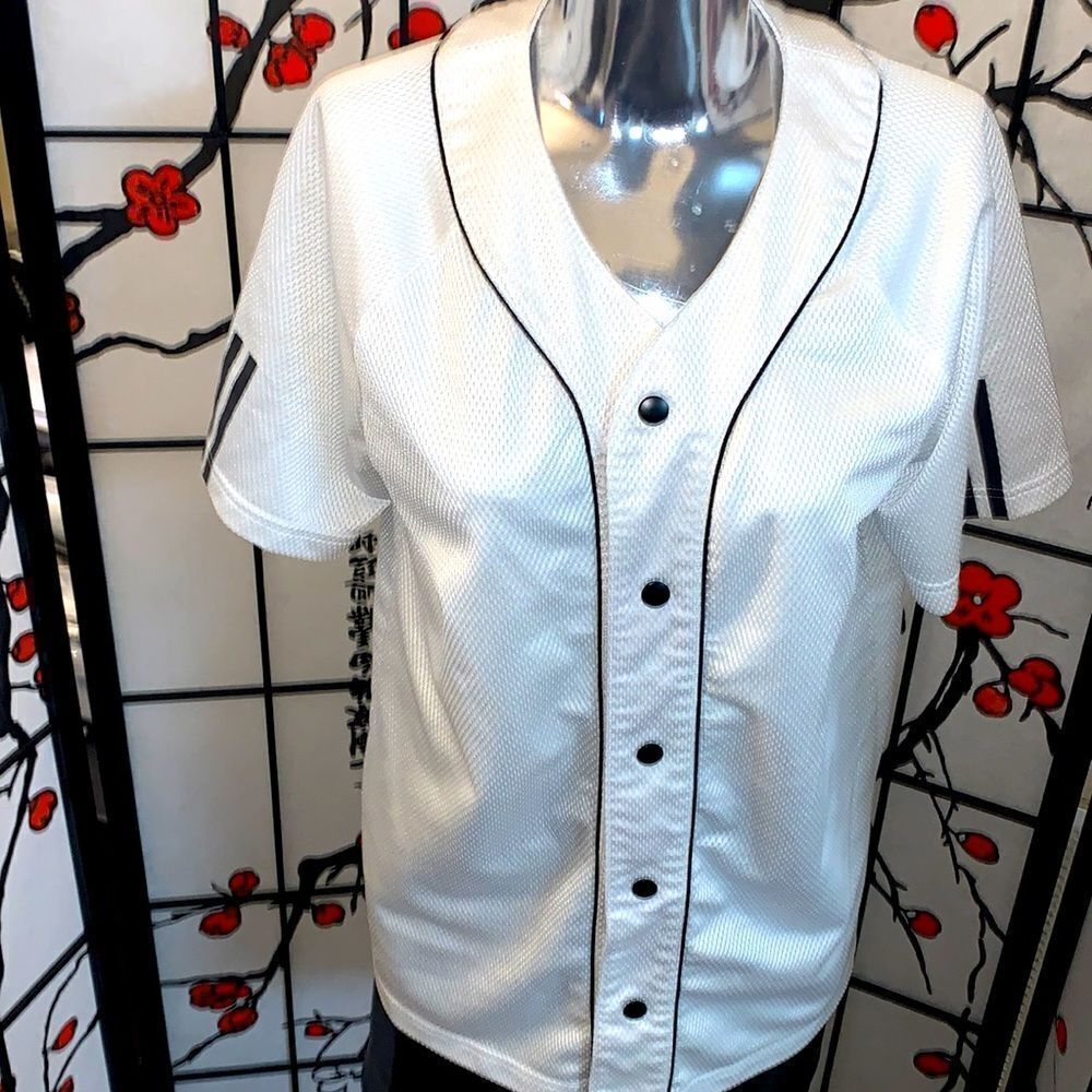 Adidas snap front black and white three strip baseball jersey size small